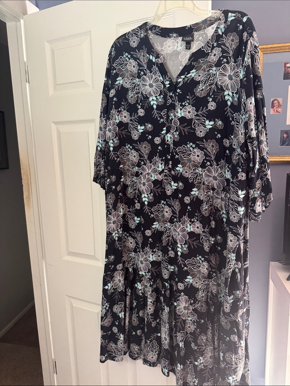 Ulla Popken Black Floral Midi Dress with Blue Accents